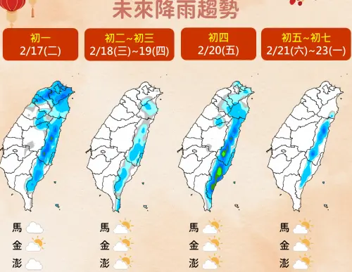 ▲大年初一受到鋒面與東北季風影響，北部及東半部濕涼有雨，預計初二會趨緩。（圖／中央氣象署cwa.gov.tw）