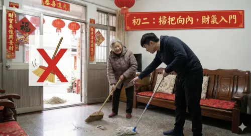 ▲初二若須打掃，掃把或拖把應由外向內收攏，象徵財氣入門。（圖／AI製圖、記者賴禹妡製）