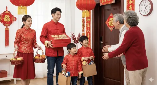 ▲初二回娘家建議穿著喜氣新衣並攜帶雙數禮品。（圖／AI製圖、記者賴禹妡製）