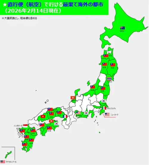 ▲一張日本各地機場最遠航點地圖在日本社群廣傳，台灣直航密集程度引發討論。（圖／取自itsukaichi_engi X）