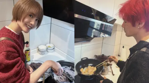 ▲楊丞琳（左）一邊下廚一遍燦笑，「老公視角」超級有愛。（圖／翻攝自楊丞琳IG＠rainie77）