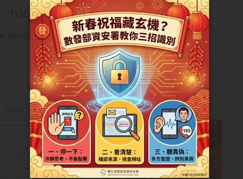 ▲春節祝福藏玄機？數發部教你3步驟辨識新年社交工程陷阱。（圖／數發部提供）