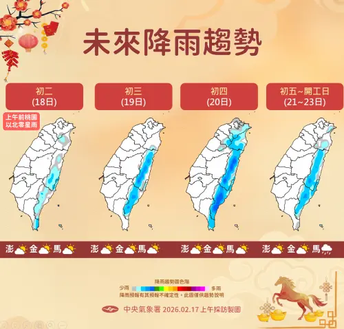 ▲初二持續受到東北季風影響，不過水氣比較今天少，上午以前桃園以北還是有降雨機率。（圖／中央氣象署cwa.gov.tw）