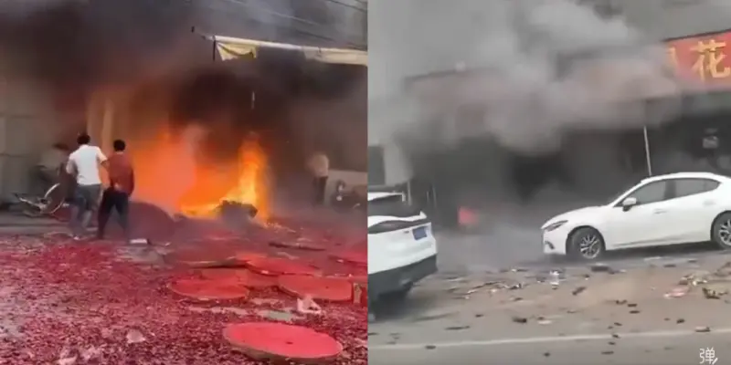 ▲中國湖北1家販售煙花爆竹的店舖發生爆炸，造成12人死亡。（圖／翻攝自微博）