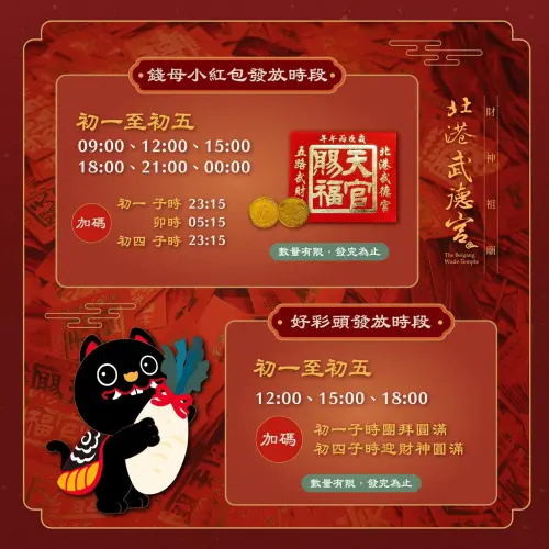 ▲北港武德宮錢母、好彩頭菜頭發放地點與時間。（圖／北港武德宮-財神開基祖廟臉書）