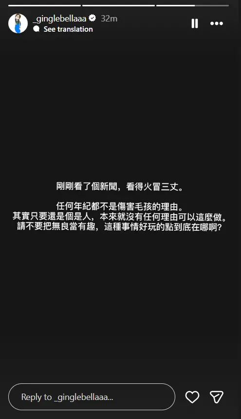 ▲好脾氣的王淨突然暴怒發文，痛批虐待動物的人「無良當有趣」，引發關注。（圖／王淨 Gingle IG@_ginglebellaaa）
