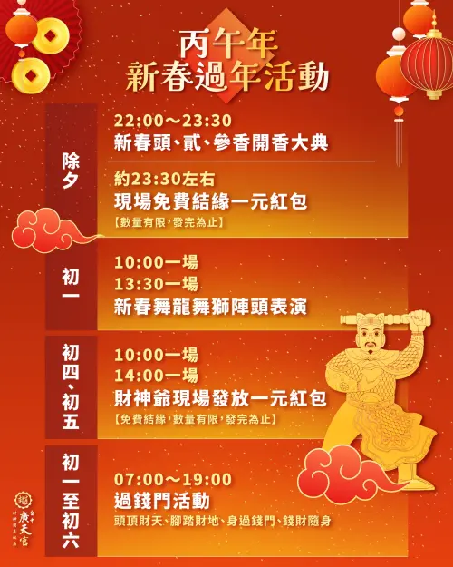 ▲2026台中廣天宮春節活動一圖看。（圖／台中廣天宮 財神開基祖廟臉書）