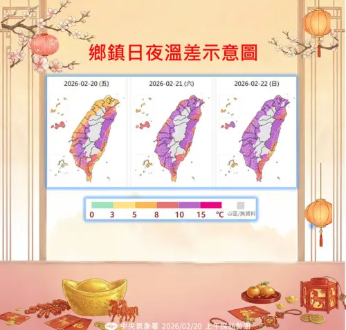 ▲初五、初六中南部日夜溫差大，清晨或入夜時，氣溫可能相差超過10度，提醒民眾注意保暖。（圖／中央氣象署cwa.gov.tw）