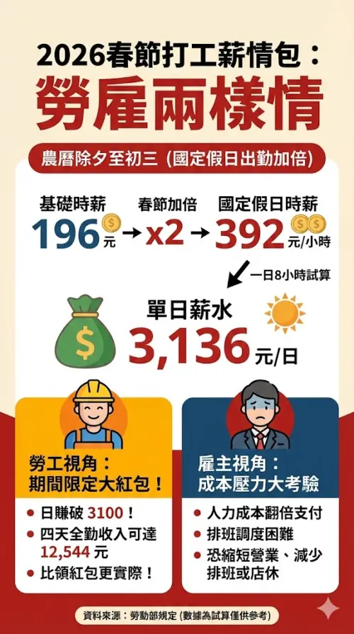 台灣基本時薪從2026年開始變成196元，而農曆春節除夕到初三都還有加倍，若單日上滿8小時薪水超過3100多元，對打工族群來說是可觀的收入。（圖／AI生成，記者潘毅監製）