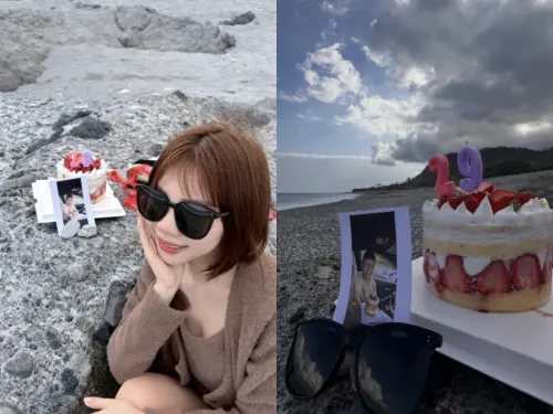 ▲辛柏毅的老婆於海邊擺放照片及蛋糕，思念溢於言表。（圖／翻攝自reeeee2812 Threads）