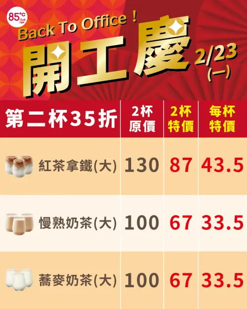 ▲85度C全台門市「第二杯35折」開工奶茶優惠價格一覽。（圖／85度C 85cafe.com）