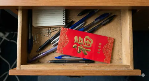 ▲開工紅包中的錢存進銀行後，可把紅包袋放進辦公桌的抽屜裡。（示意圖／Gemini AI生成／記者張家瑋監製）