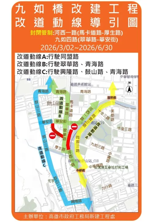 ▲ 九如橋改建工程改道動線引導圖。（圖／高市府工務局提供）