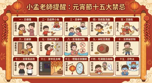 ▲元宵節將到！命理塔羅專家小孟老師特別提醒15項禁忌，呼籲勿踩雷，否則會影響財運。（圖／Gemini AI生成）