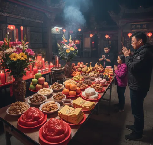 ▲今年「天公生」落在國曆2月25日，祭拜時間建議於當日子時進行，供品需準備鮮花、素果、茶酒、五牲、六齋、甜點、紅龜粿、發糕及天公金。（圖／AI生成、記者賴禹妡製）