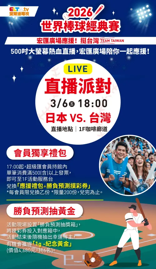▲位於新莊的宏匯廣場也將在 3 月 6 日舉辦經典賽直播派對，展用500吋超大螢幕熱血轉播台日大戰。（圖／宏匯廣場）