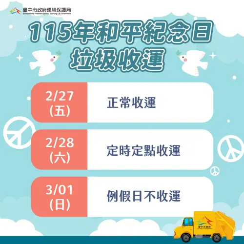 ▲台中市227補假垃圾正常收運，228和平紀念日當天則採定時定點清運。 （圖／台中市環保局提供）