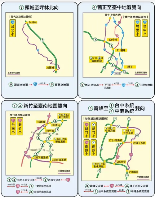 ▲國道 228 連假長途替代道路地圖。包含國 5 改走台 9 線、國 1 與 國 3 改走台 61 線、國 6 改走台 63 線等視覺化路線導引，幫助避開尖峰路段 。（圖／交通部高速公路局提供）