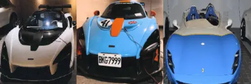 ▲專案小組前往和平大苑確認豪車車籍資料時，發現太子集團偷偷把部分車輛開走甚至過戶給別人。圖為McLaren Senna (左)、McLaren Senna LM （中）和Ferrari Monza SP2（右）。（圖／北檢提供）