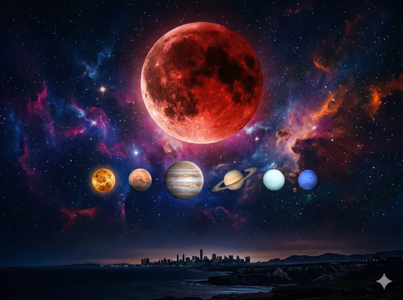 ▲今日迎來罕見「六星連珠」接元宵血月，宇宙混沌能量正發威，命理師小孟老師示警恐有震盪災難。（示意圖／由 AI 生成／NOWNEWS監製）