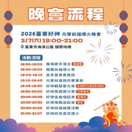 ▲「台東元宵嘉年華」元宵祈福煙火晚會、煙火施放時間。（圖／取自台東觀光旅遊網）