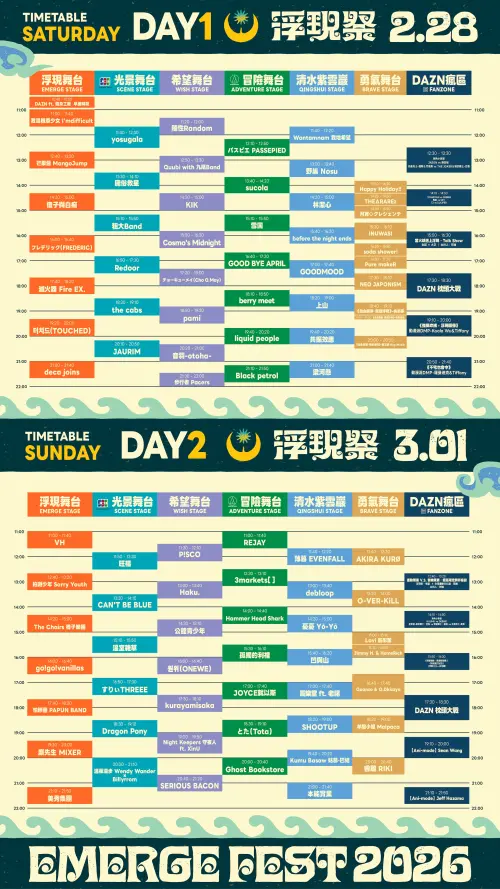 ▲「2026浮現祭」兩日卡司與時間表（圖／取自浮現祭臉書www.facebook.com/emergemusicfest/）