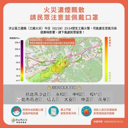 ▲位於工建路192號的知名生活百貨賣場「皇兒小舖」深夜發生惡火，新北市環保局緊急發布「火災空品提醒」，表示煙霧及部分異味可能往下風處飄散。（圖／新北市環保局提供）