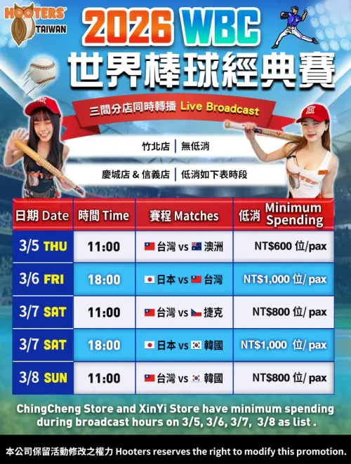 ▲2026世界棒球經典賽轉播時間與低消。（圖／Hooters 美式餐廳官網）