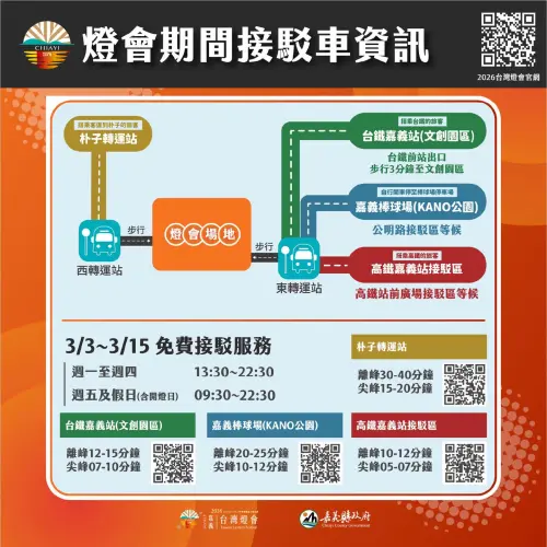▲嘉義台灣燈會有接駁車可以搭乘，民眾可以善用接駁車，少去許多塞車時間。（圖/2026台灣燈會在嘉義官網）