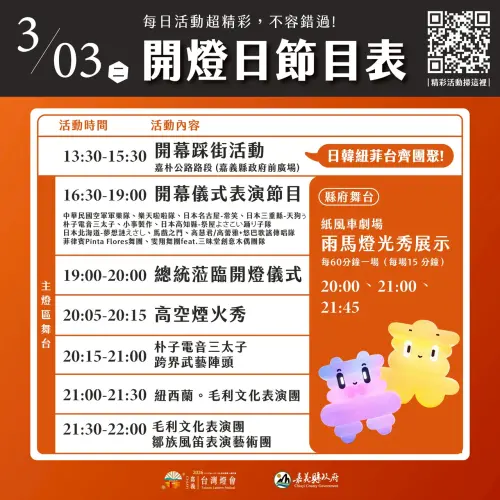 ▲2026嘉義台灣燈會開燈日節目表一覽，晚間20時05分將施放高空煙火10分鐘。（圖/2026台灣燈會在嘉義官網）