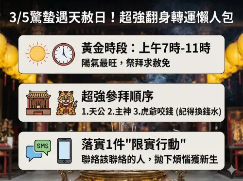 ▲把握錯過要再等80年的「雙吉日」！《NOWNEWS今日新聞》特別為您整理驚蟄遇天赦日的超強招財步驟圖卡，建議讀者直接長按儲存，在3/5黃金時段跟著攻略做，送走小人、迎來財源滾滾。（圖／由 AI 生成／NOWNEWS監製）