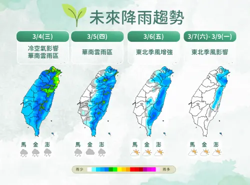 ▲東北季風增強、華南雲系水氣影響，週三、周四全台都有降雨機率，周末各地環境才會轉乾。（圖／中央氣象署cwa.gov.tw）