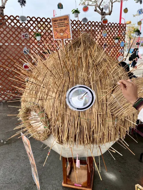 ▲嘉義縣環保局打造的「巨型河豚神隊友」，用保麗龍浮球搭上光碟片以及乾稻草，打造出超可愛的河豚模樣， 既能保護清潔人員不被刺傷，又能一起完成這項大型的超萌裝置藝術。（圖／嘉減碳）