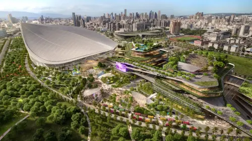 ▲台中超巨蛋BOT案震撼曝光，中信集團旗下台灣人壽率先遞交投資評估報告，規劃砸600億銀彈入注。從鳥瞰模擬圖可見，除了超巨蛋體育館，周邊更規劃了超巨量、規模達10萬坪的「百貨商場」景觀平台，預計將強碰漢神洲際百貨（右下方可見部分建築），引爆台中洲際一級戰區。圖為配置模擬，僅供參考。（圖／台中市政府提供）