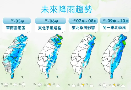▲未來一周天氣受到東北季風主導，北部、東半部降雨機率較高。（圖／中央氣象署cwa.gov.tw）
