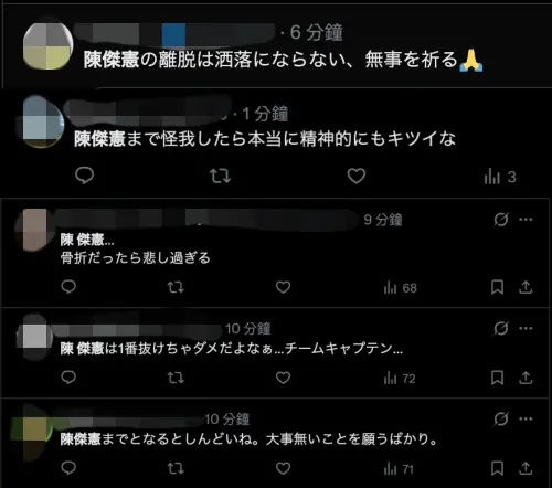 ▲日本球迷不捨陳傑憲被打，發文祈禱平安、之後還能上場。（圖／X）