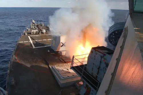 A US warship launching a missile. (US Central Command Facebook)