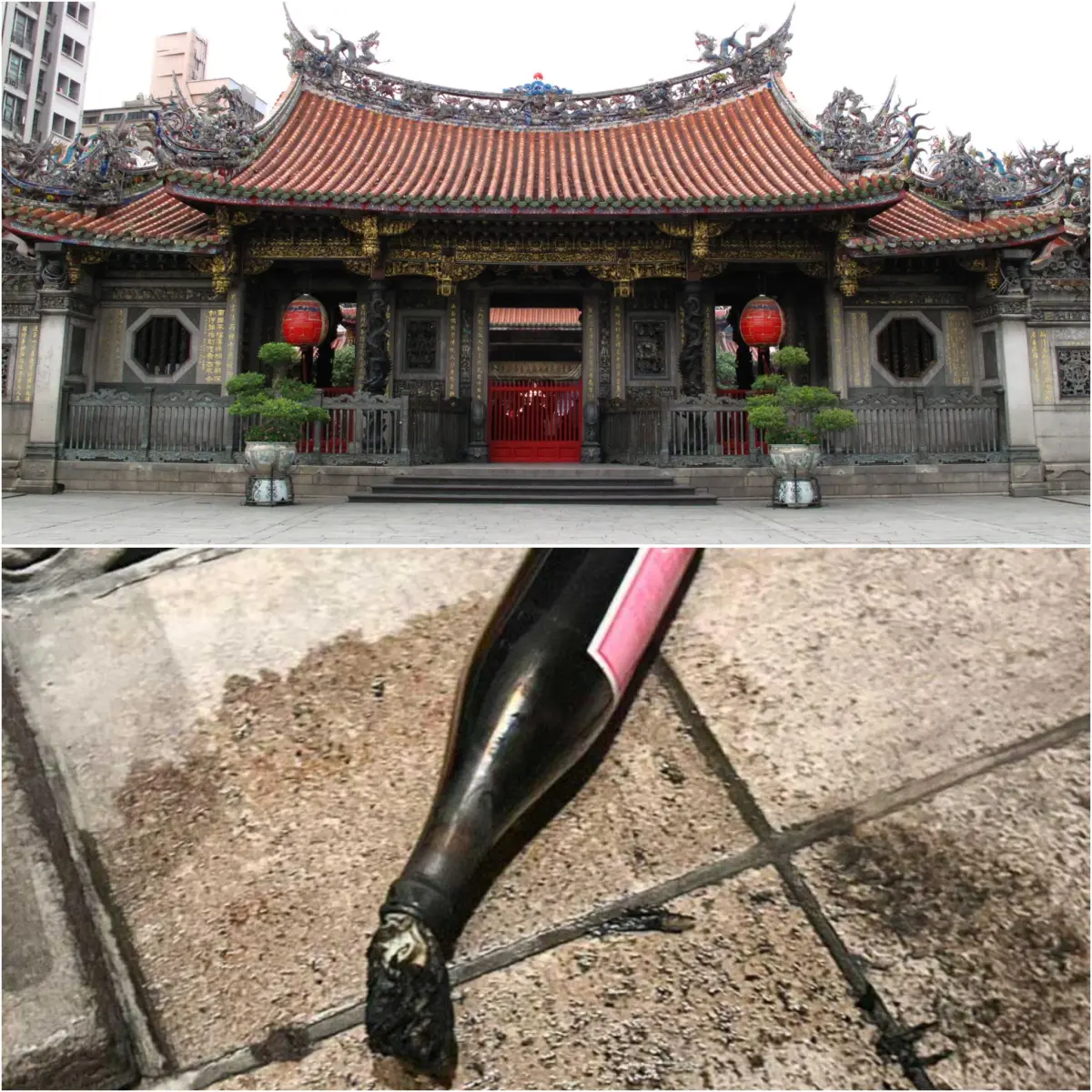 ▲龍山寺是我國國定古蹟，2025年3月遭一名毀廟慣犯以米酒瓶裝填汽油再引燃投擲的方式意圖縱火，雖然火勢未延燒，法院仍重判4年4月。（圖／翻攝龍山寺臉書、警方提供）