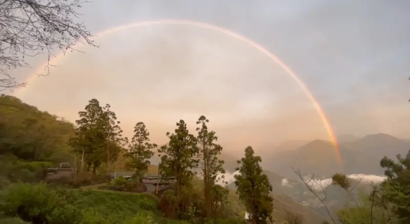 好大的彩虹！傍晚太陽突露臉　超巨虹霓金光中現身清境農場