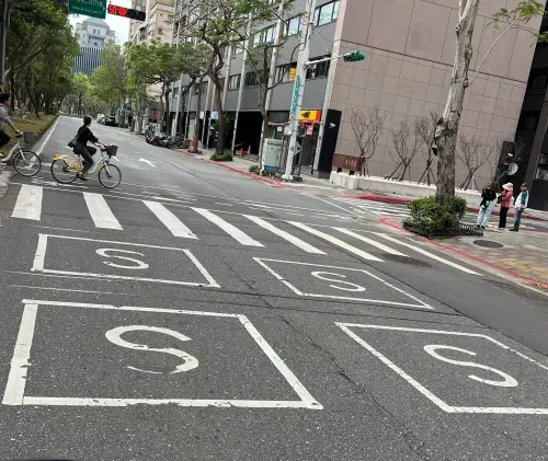 ▲斑馬線旁的柏油路上排列著4個白色方格，每個格子中央都有一個「S」，陌生的交通標誌讓沒見過的駕駛摸不著頭緒。（圖／翻攝自臉書社團「路上觀察學院」）