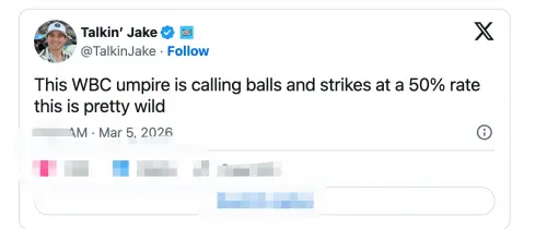 ▲史托里亞雷（Jake Storiale）驚訝WBC主審的好壞球準確度竟然只有50%。（圖／翻攝自X）