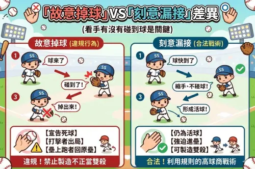 ▲棒球規則「故意掉球」跟「刻意漏接」兩者判定並不相同，一圖看懂差異。（圖/Gemoni AI/記者張嘉哲監製）
