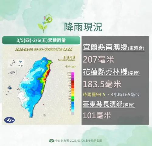 ▲昨天晚上到今天清晨，華南雲雨區影響明顯，宜蘭、花蓮都出現明顯大雨。（圖／中央氣象署cwa.gov.tw）
