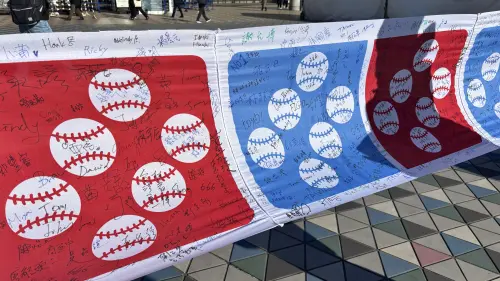 ▲東京巨蛋場外的巨幅台灣應援大旗早已簽滿密密麻麻的名字，從台灣一路帶到日本續攤集氣。（圖／記者路皓惟攝）