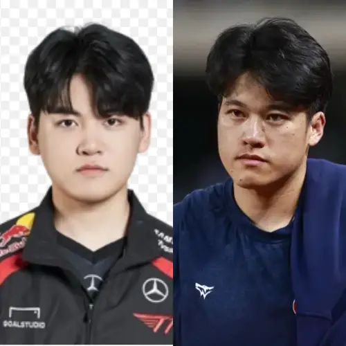 ▲撞臉啦！網友在 Dcard 分享莊陳仲敖（右）與電競巨星 Gumayusi 的對比圖，相似度極高引起熱議。（圖／翻攝自Dcard）