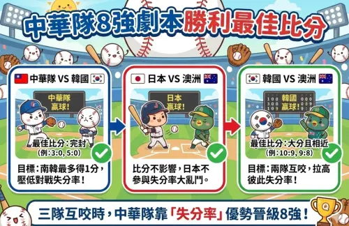 ▲中華隊不僅要過三關靠自己也靠其他國家，其中我們對韓國最好完封拿下；韓國對澳洲則希望互相打爆且韓國險勝，例如10:9、9:8。（圖/Gemini AI/記者張嘉哲監製）