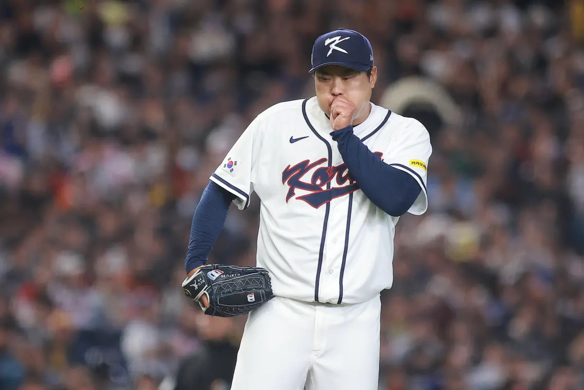 ▲2026年世界棒球經典賽台韓大戰，韓國先發投手柳賢振面對中華隊，主投三局被張育成陽春砲狙擊失1分。（圖／記者葉政勳攝）