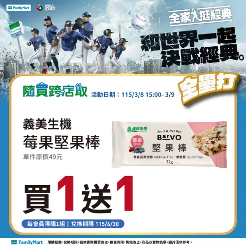 ▲台韓大戰中華隊擊出第3支全壘打，全家堅果棒也買一送一。（圖／業者提供）
