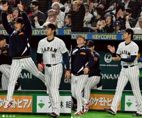 ▲大谷翔平（右前）故意貼出2張山本由伸（左前）歡呼時被拍到的閉眼照，調侃這名好友。（圖／大谷翔平IG@shoheiohtani）