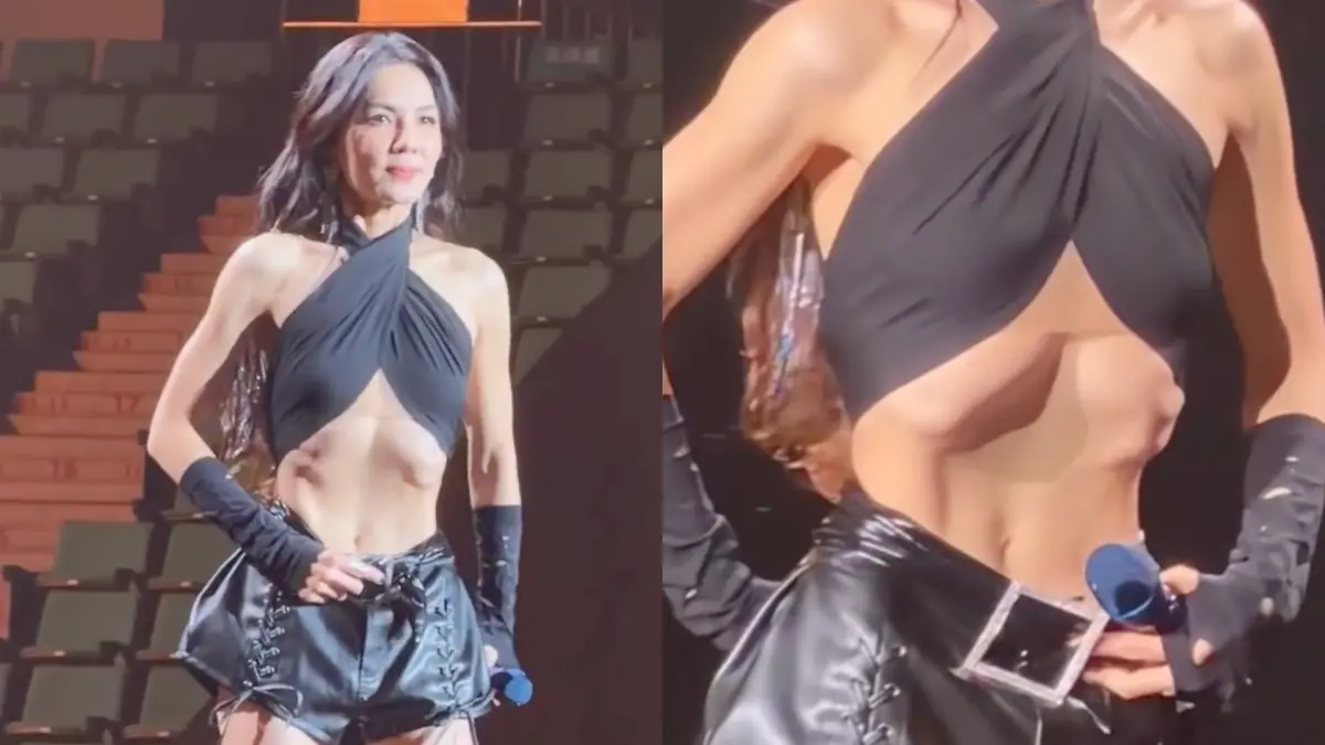 ▲S.H.E成員Ella陳嘉樺在《It‘s Me 艾拉主意》西安演唱會上示範「真空滾胃法」，腹部大幅凹陷嚇到粉絲，以為她是「真空肋骨」、「內臟不見」。（圖／微博@华商网）